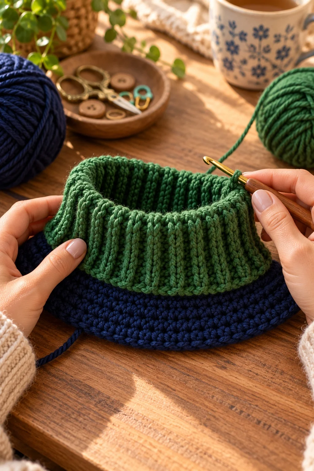 Green ribbed turtleneck collar being crocheted for a navy dog sweater