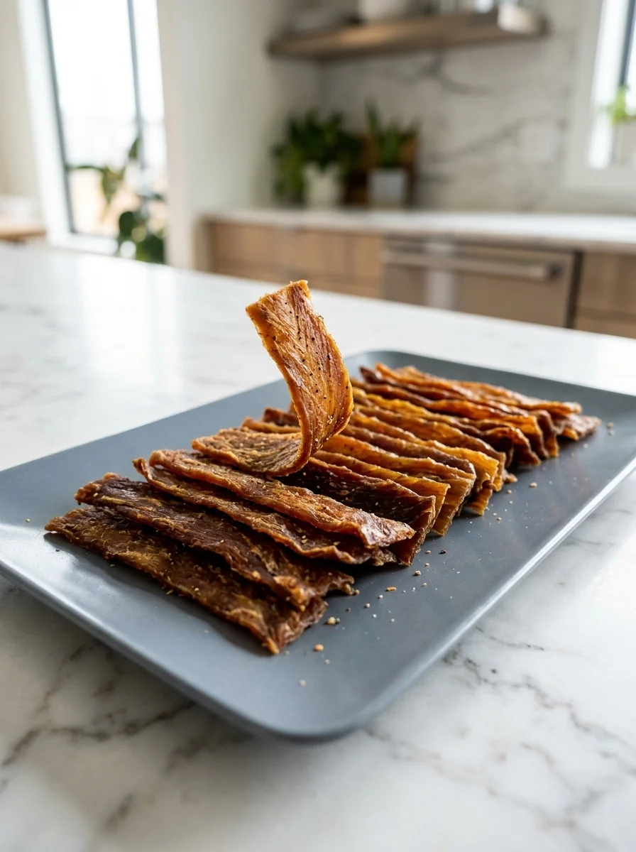 Ground turkey jerky for dogs arranged on a wooden board