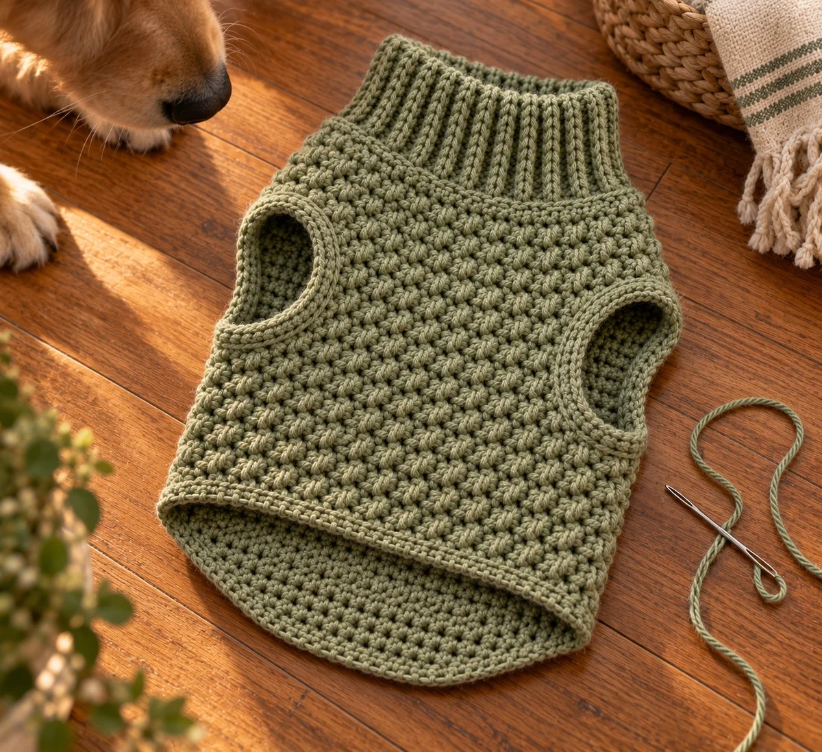Nearly finished sage-green crochet dog sweater showing the shaped back panel and edged hem