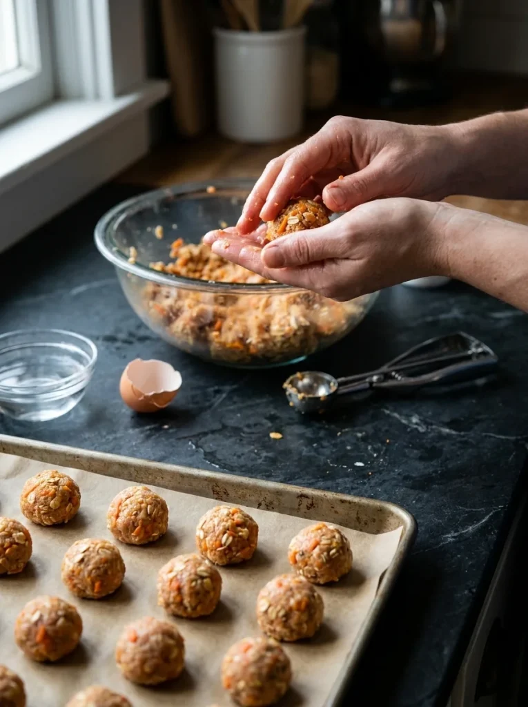 Hands rolling a homemade meatballs for dogs recipe mixture into small balls on parchment paper