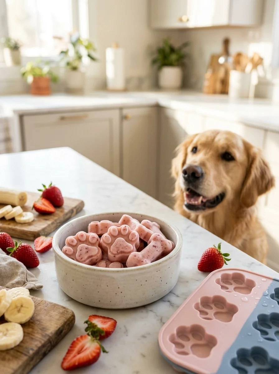 Happy golden retriever with a bowl of pink strawberry banana ice cream on a marble counter