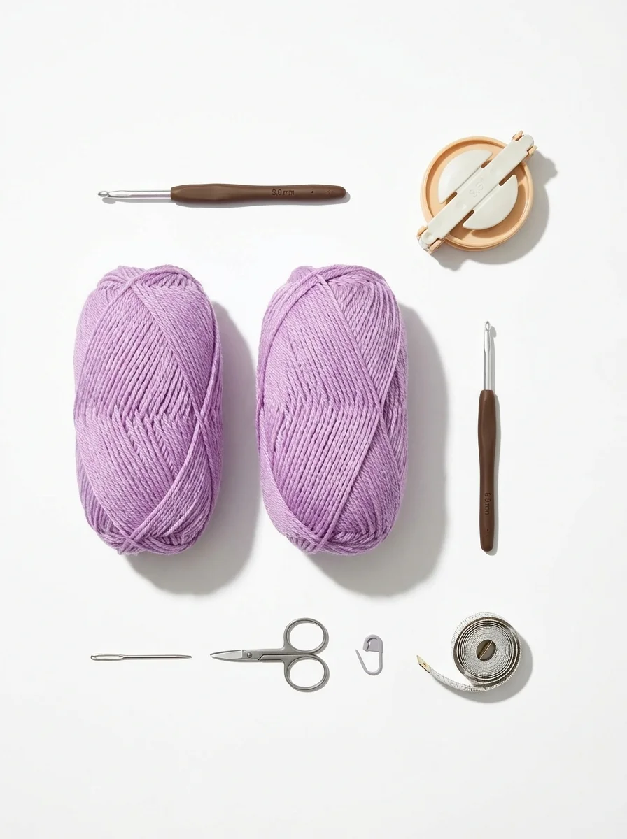Hat yarn, hook, and pom-pom maker on a white surface