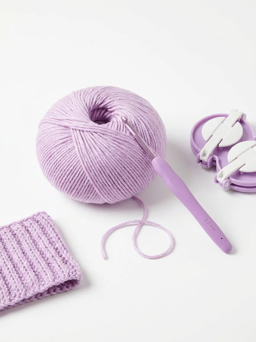 Lilac yarn and hook ready to start a dog hat, white background