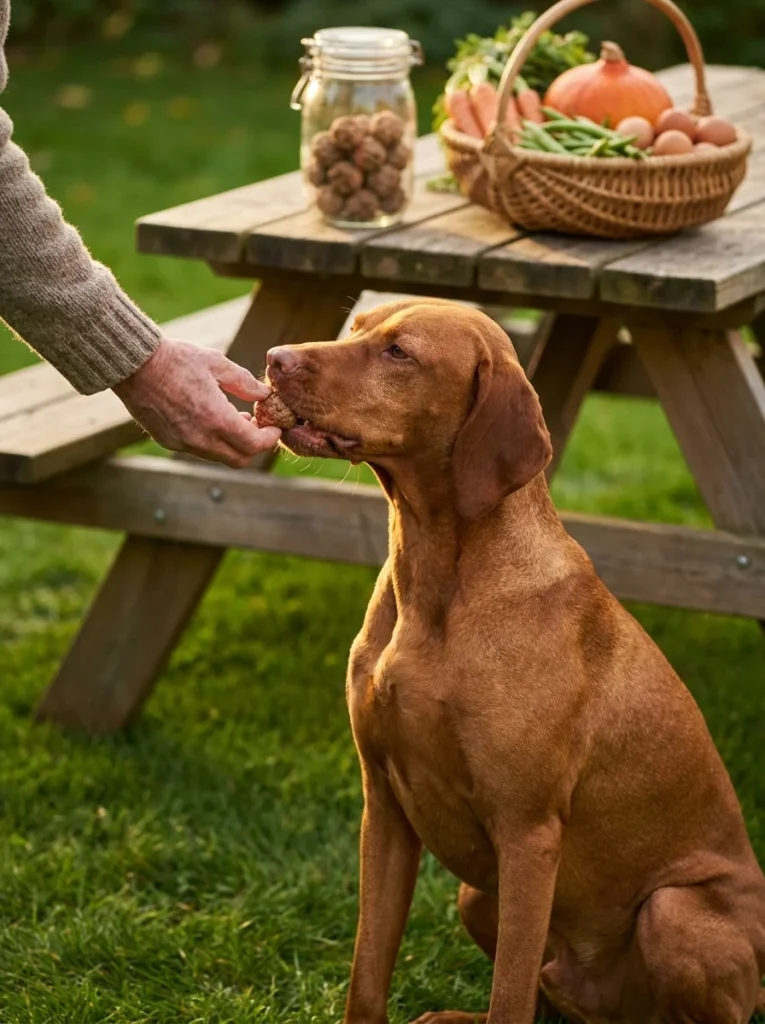 Healthy vizsla with a glossy coat taking a homemade dog meatball from its owner outdoors