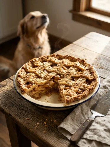 Lattice apple pie for dogs on a farmhouse table with a happy dog