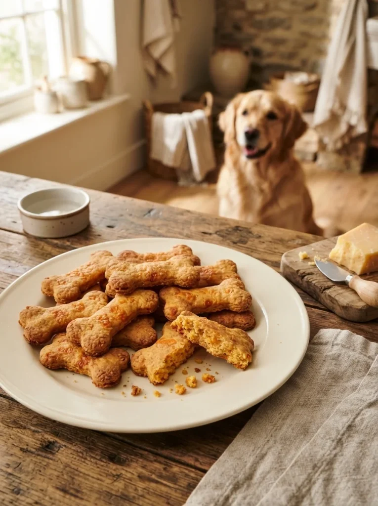 Bone-shaped cheddar biscuits with a happy dog at a farmhouse table
