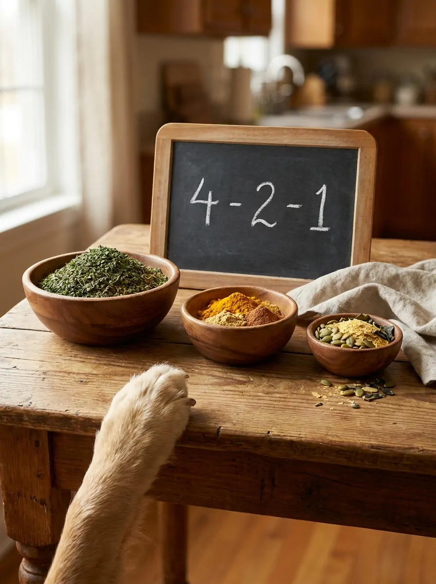 Chalkboard showing the 4-2-1 seasoning formula with three bowls of dog-safe herbs and spices