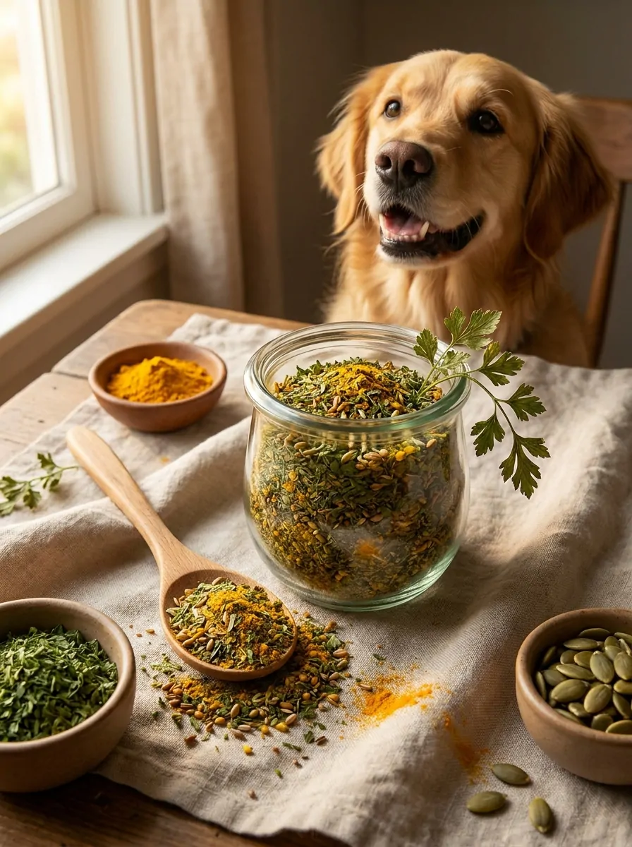Glass jar of homemade dog food seasoning blend with turmeric and herbs, golden retriever watching