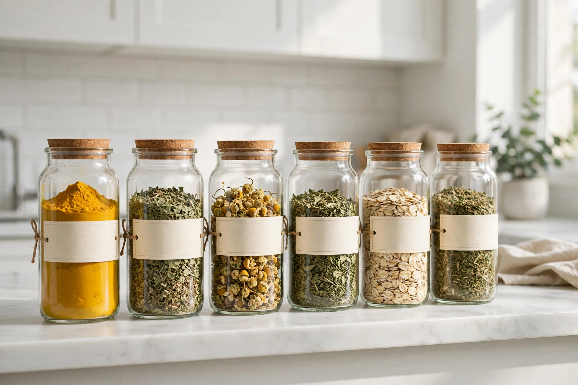 Glass jars of dog-safe homemade seasoning blends with blank labels lined up on a marble shelf