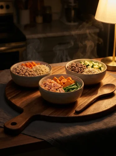 Three bowls of homemade dog food on a wooden board in warm evening light