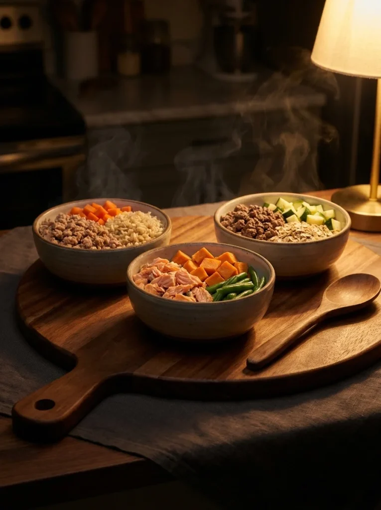 Three bowls of homemade dog food on a wooden board in warm evening light