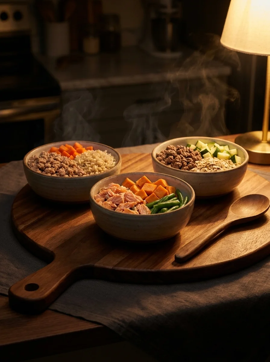Three bowls of homemade dog food on a wooden board in warm evening light