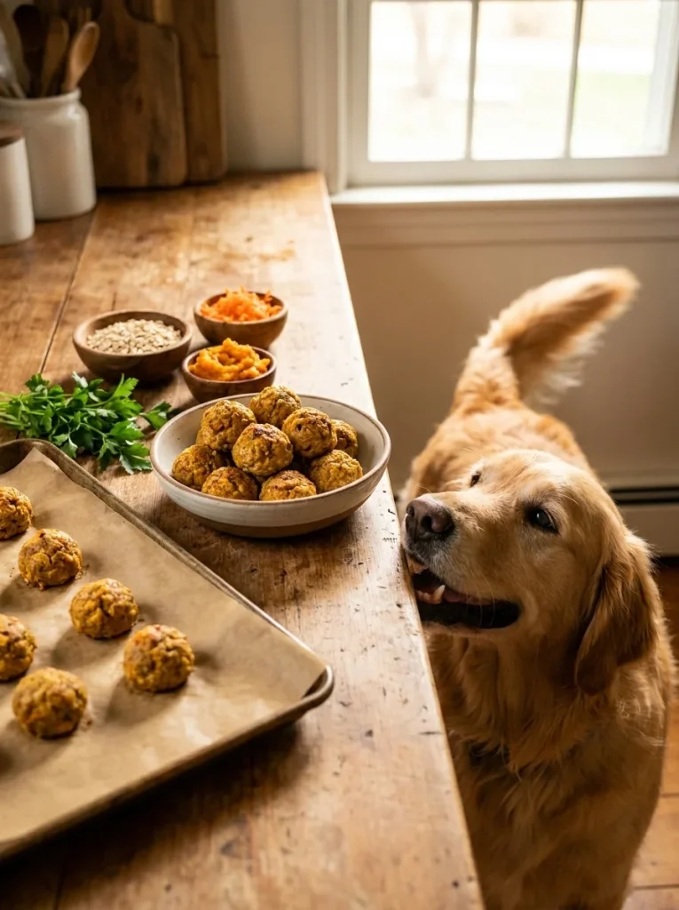 Golden retriever eyeing a bowl of homemade meatballs for dogs recipe on a kitchen counter
