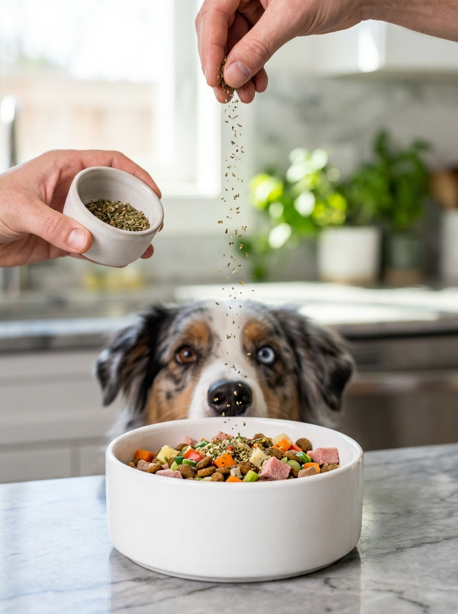 Hand sprinkling homemade dog food seasoning over a bowl of kibble and vegetables, australian shepherd watching