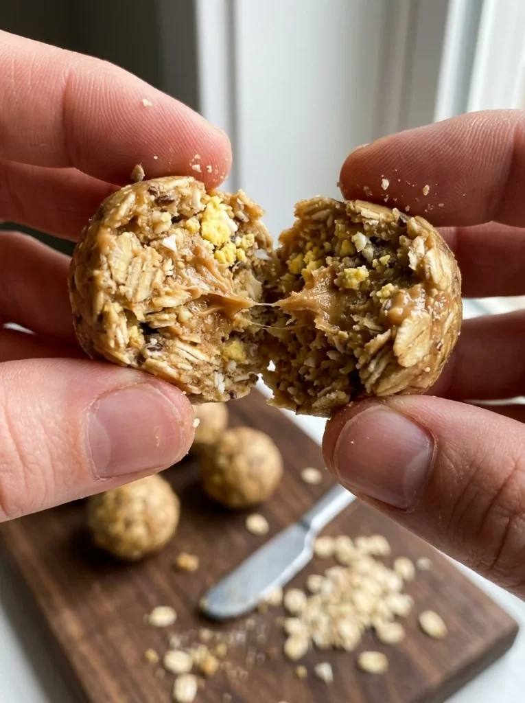 Cross section of a classic no-bake Oatmeal Protein Balls for dogs showing oats and peanut butter