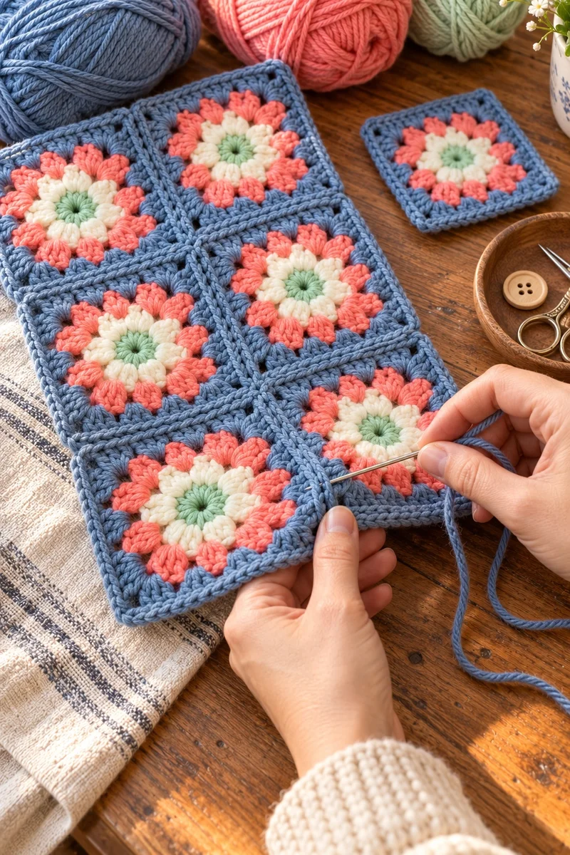 Hands whipstitching granny squares into a dog coat panel