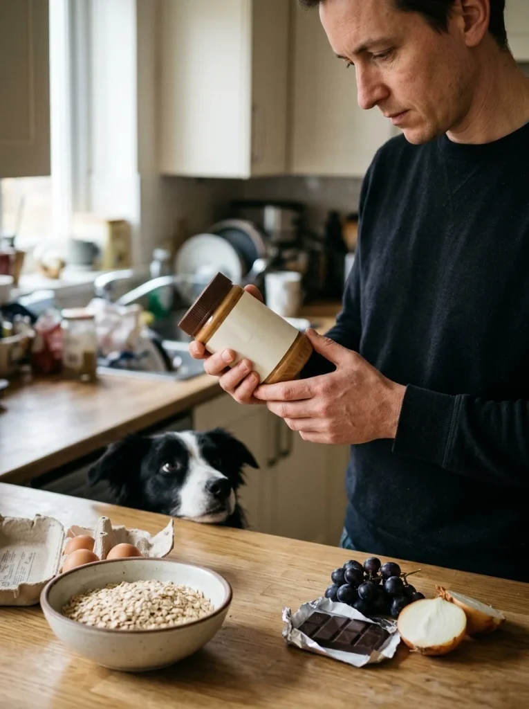 Owner checking a peanut butter label before making homemade dog treats