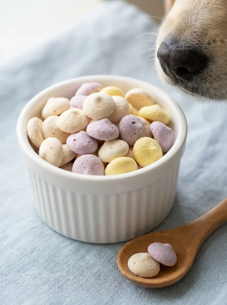 Close-up of freeze dried dog treats recipe yogurt drops heaped in a white ramekin