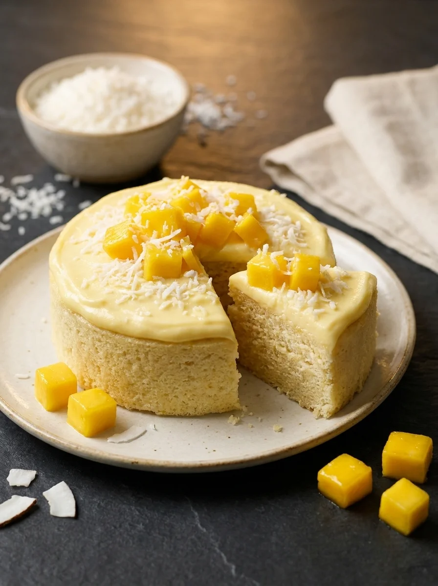Mango coconut no bake cake for dogs with fresh mango cubes beside the plate