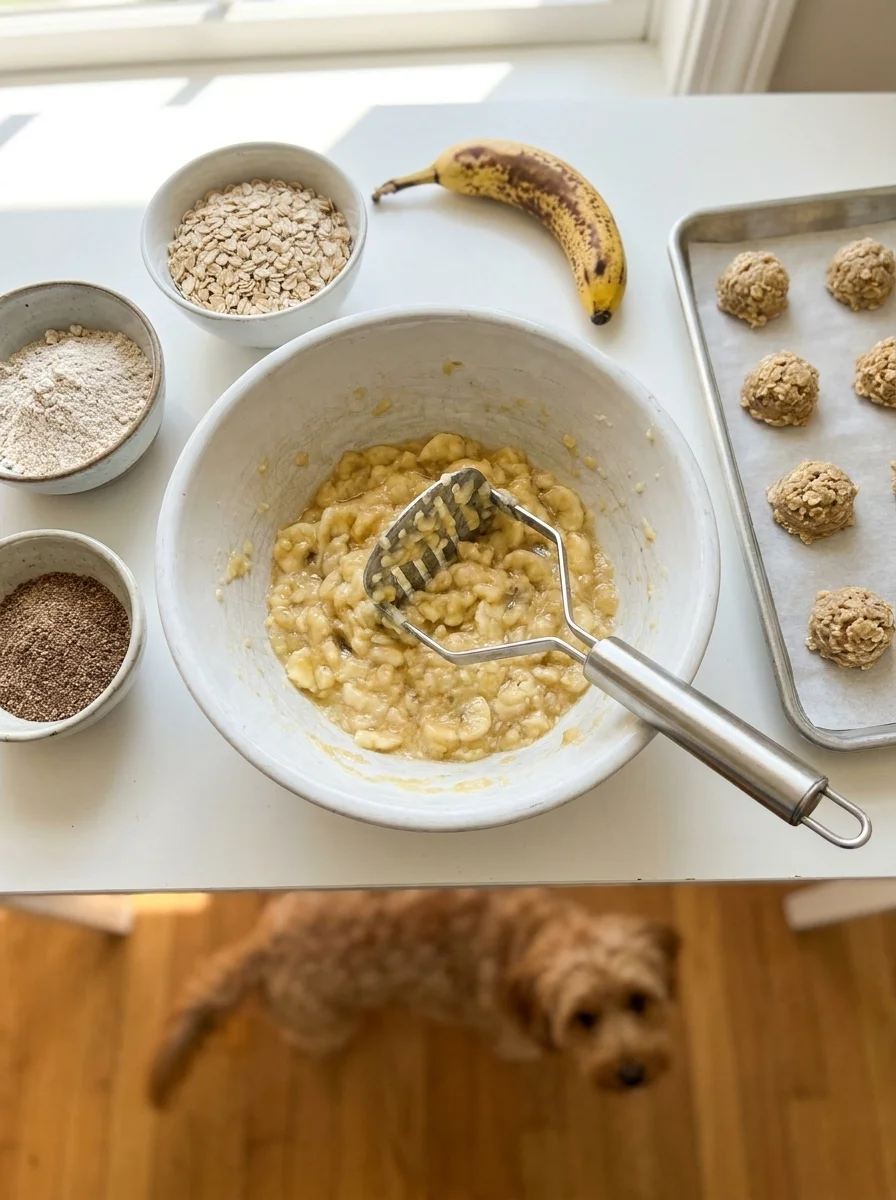 One-bowl mash-and-bake method for banana oatmeal dog treats in a bright studio