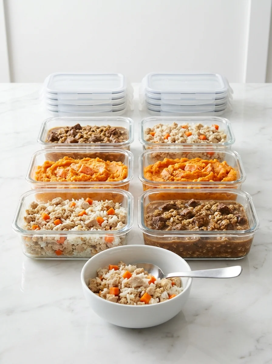 Homemade dog food meal-prep containers lined up on marble