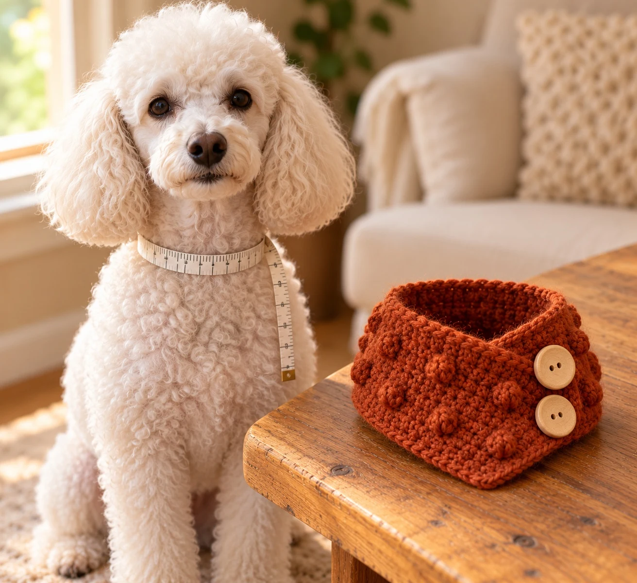 Measuring a dog's neck for a crochet scarf