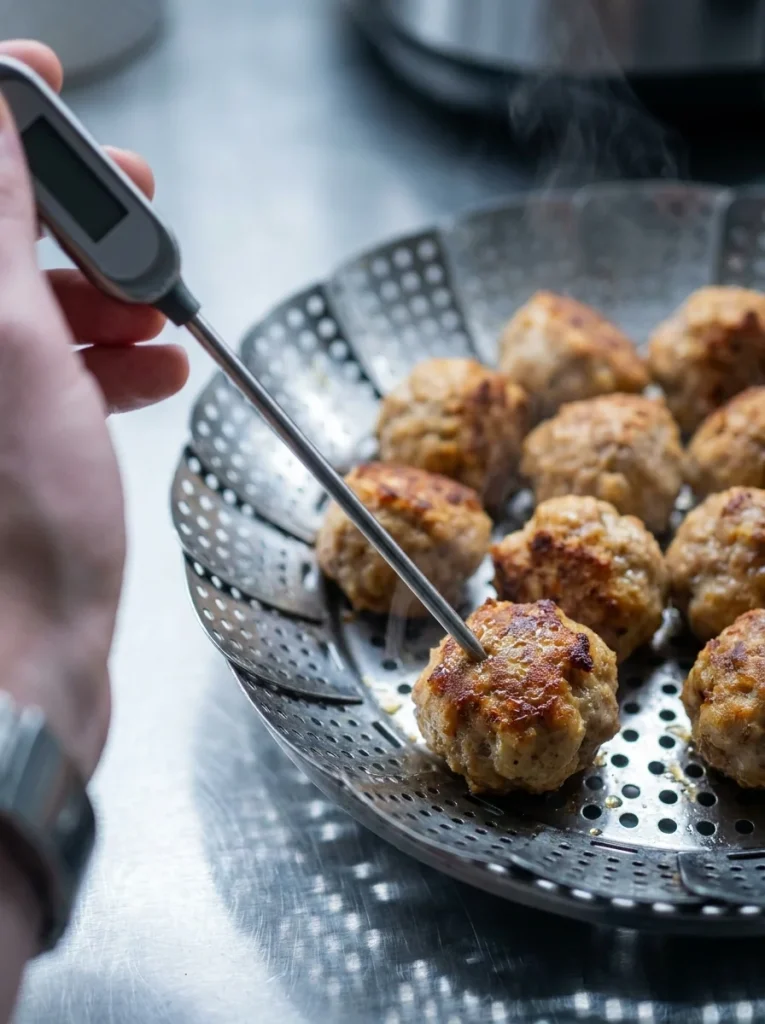 Meat thermometer checking an air fryer dog meatball in the fryer basket