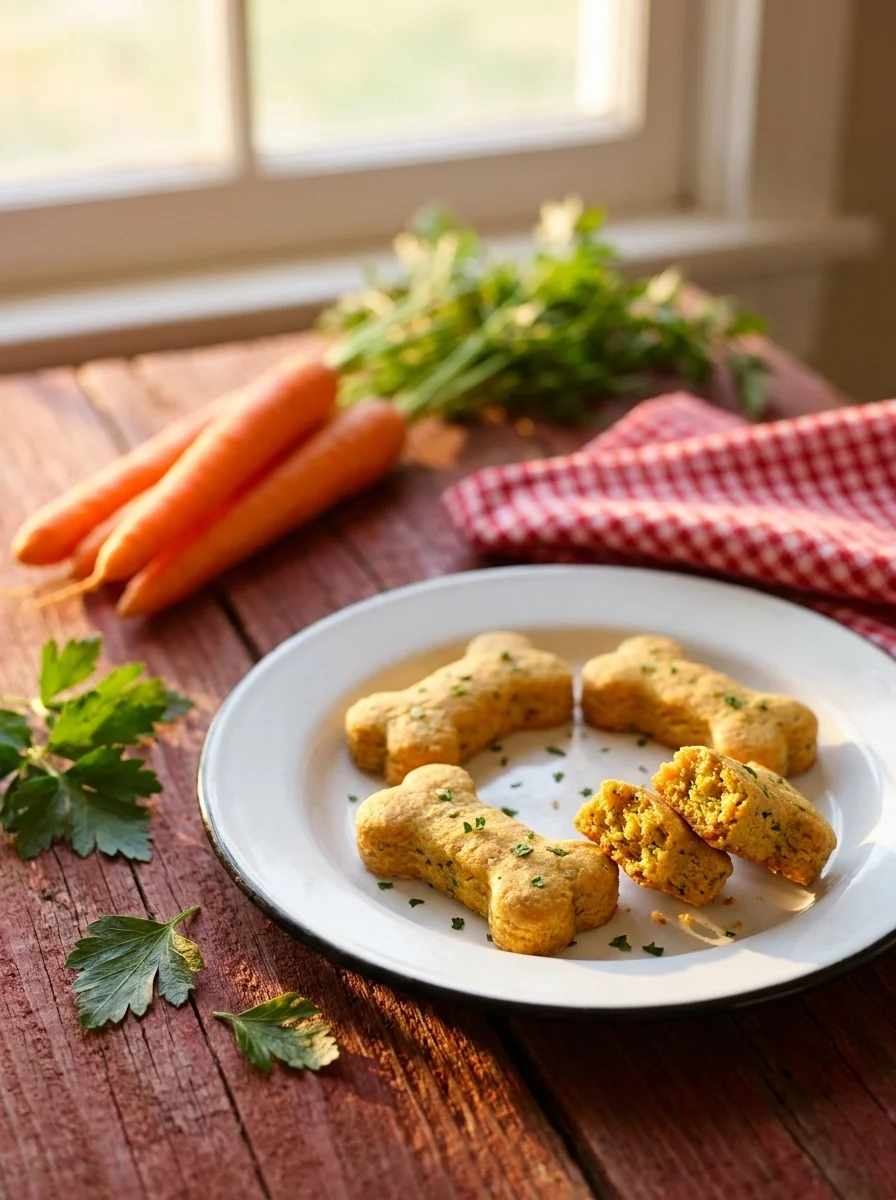 Mini apple-carrot-parsley training bones for dogs with green flecks on a plate with parsley