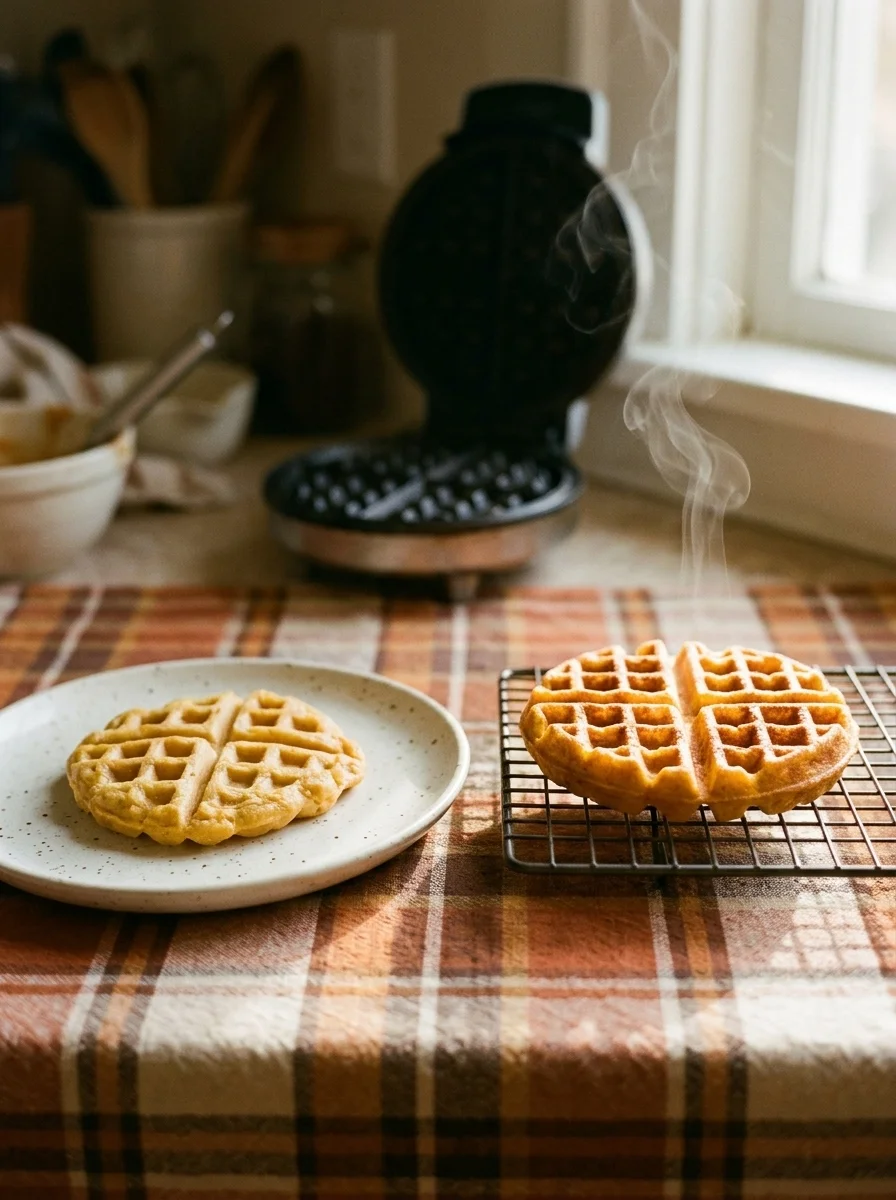 Crisp mini waffle on a rack beside a soggy one, warm light