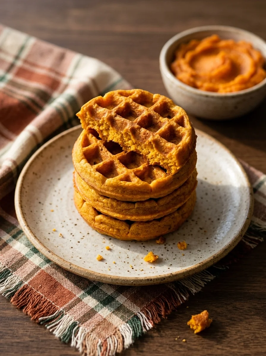 Sweet potato mini waffles stacked with a plaid cloth