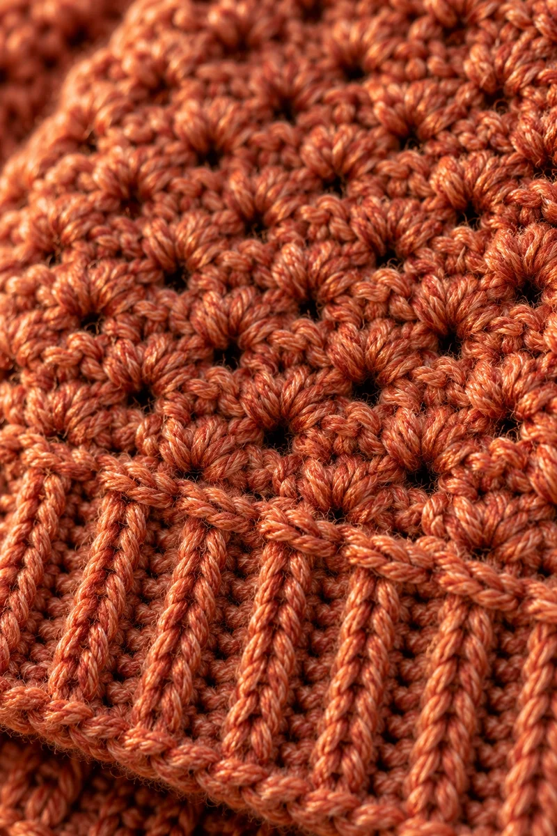 Extreme close-up of terracotta moss stitch crochet texture and ribbed hem