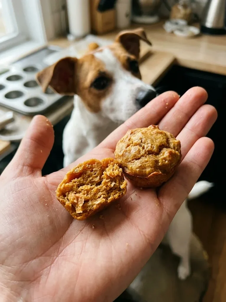 Grain-free tuna sweet potato dog treats served in a small ceramic bowl