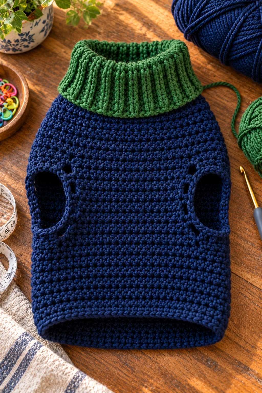 Navy crochet dog sweater body with leg openings in progress