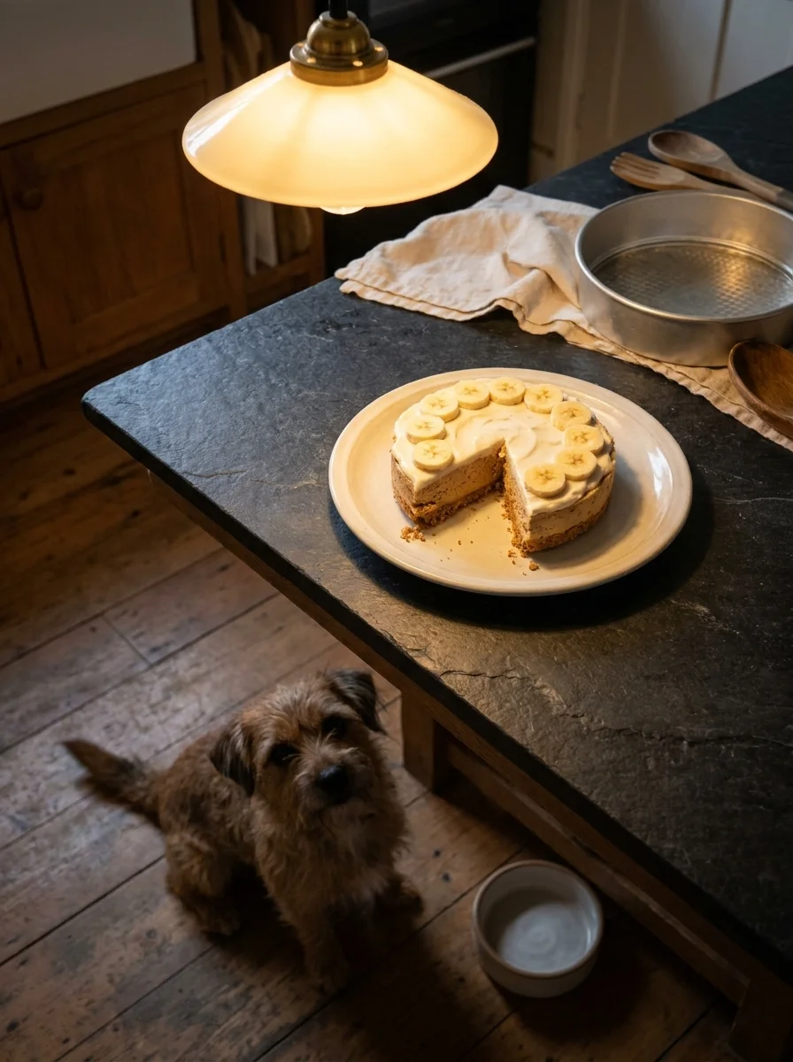 No bake dog cake on a slate counter in the evening with a small dog looking up