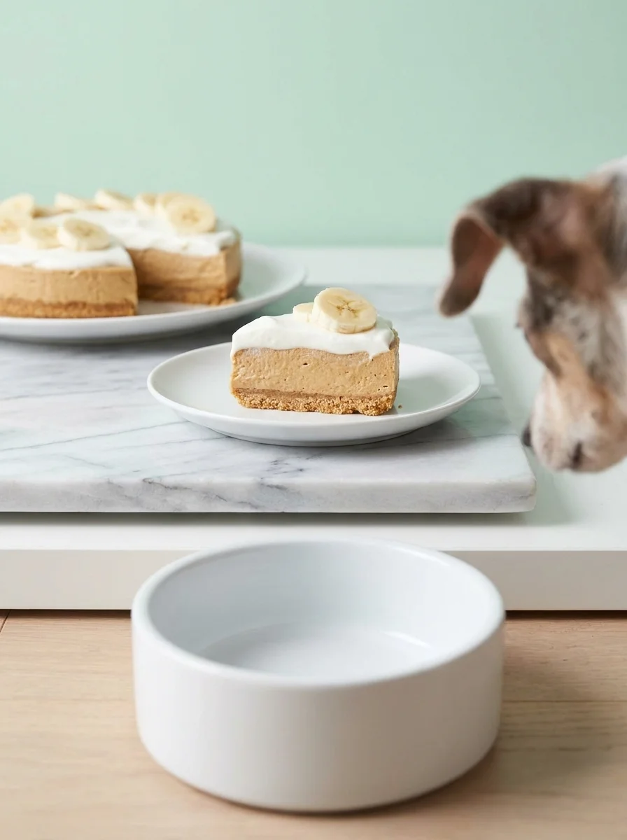 A slice of no bake dog cake served with an empty dog bowl in a bright studio