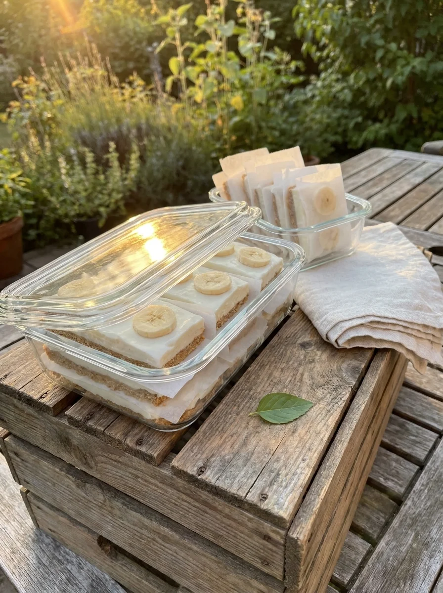 No bake dog cake slices in containers on a wooden crate after a garden birthday