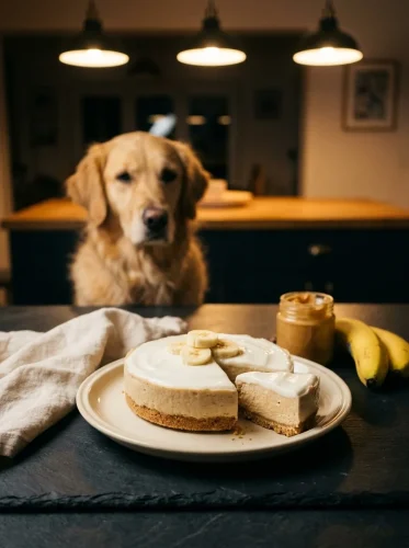 No bake dog cake with yogurt top and banana slices on a plate in a cozy evening kitchen with a golden retriever waiting