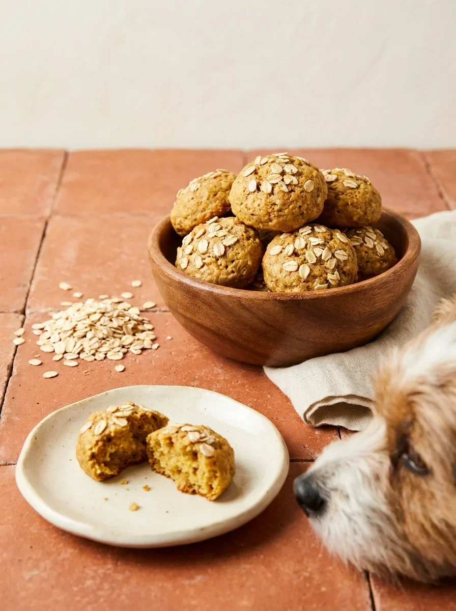 Apple zucchini oat chews for dogs in a wooden bowl on a terracotta surface
