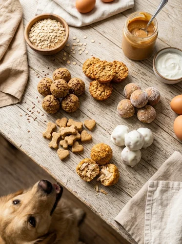 Six kinds of Oatmeal Protein Balls for dogs arranged on a rustic wooden table