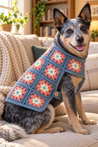 Blue heeler wearing a dusty blue granny square crochet dog coat