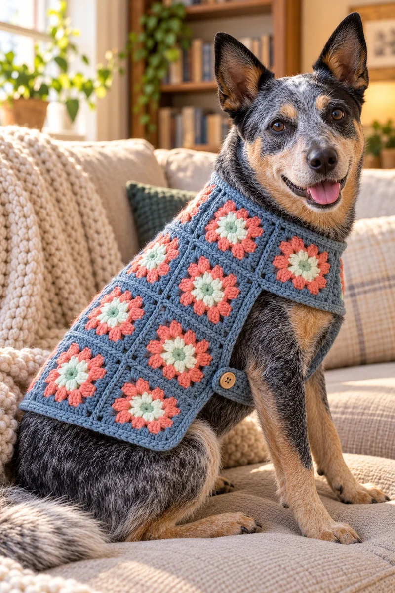 Blue heeler wearing a dusty blue granny square crochet dog coat