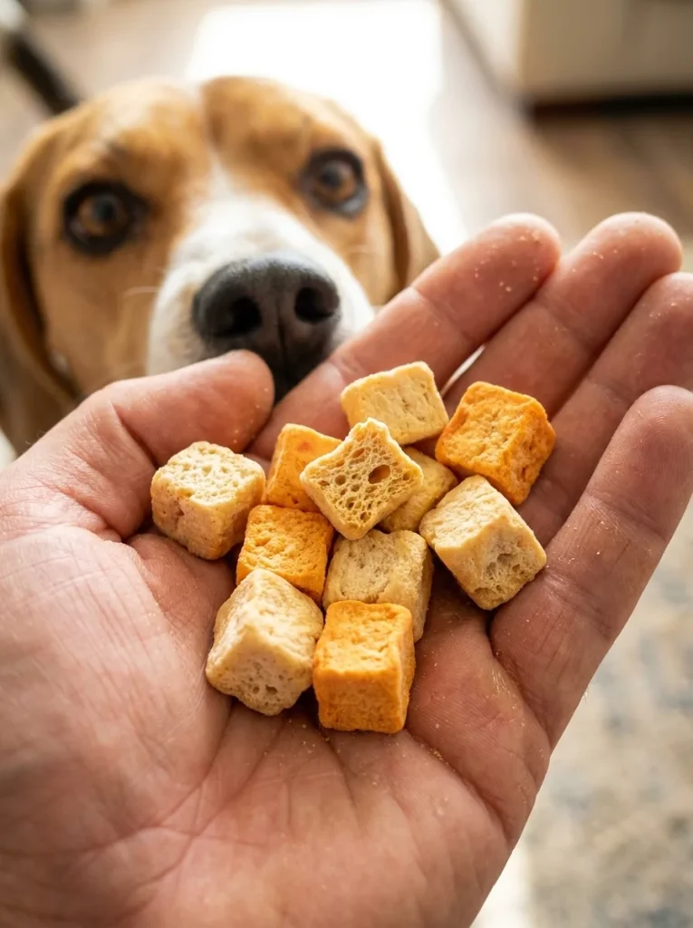 Hand holding finished freeze dried dog treats recipe chicken and sweet potato bites for a beagle