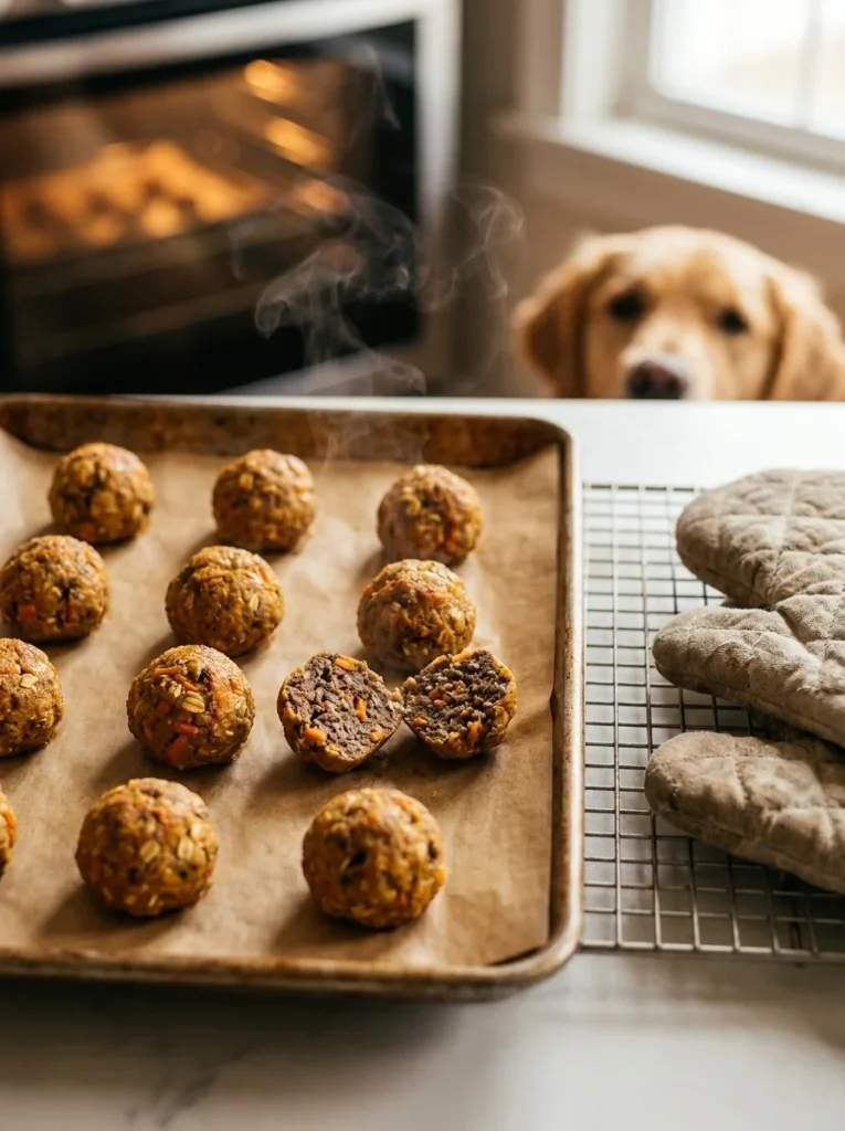 Oven baked dog meatballs cooling on a parchment lined baking sheet