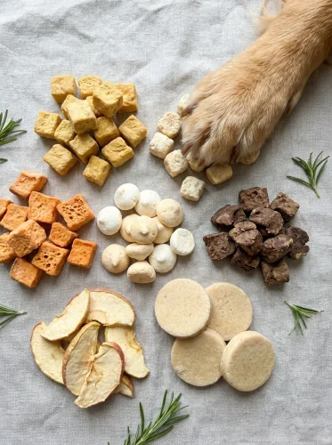 Overhead spread of colorful freeze dried dog treats recipe bites with a dog paw reaching in