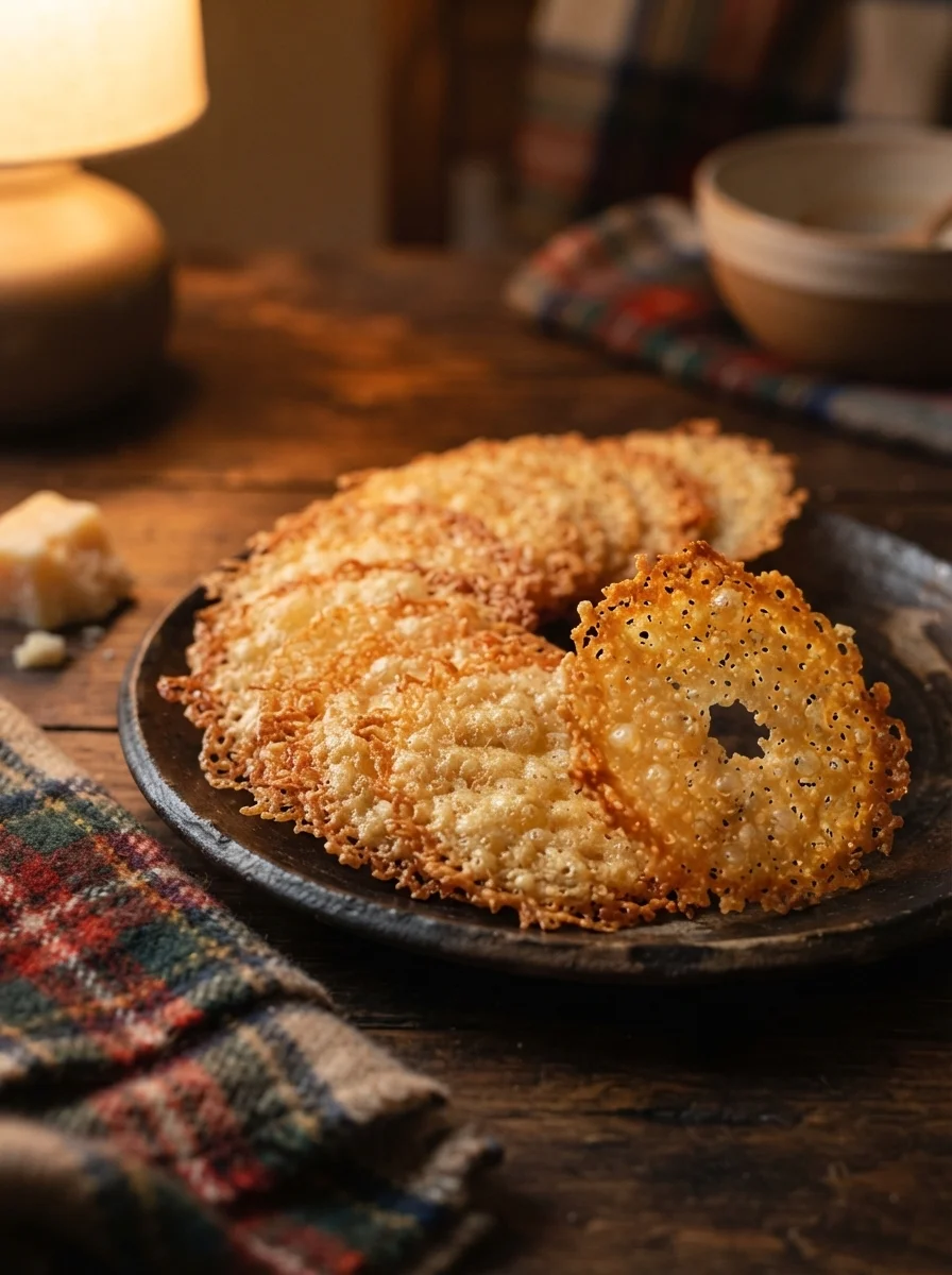 Parmesan crisps glowing in evening light