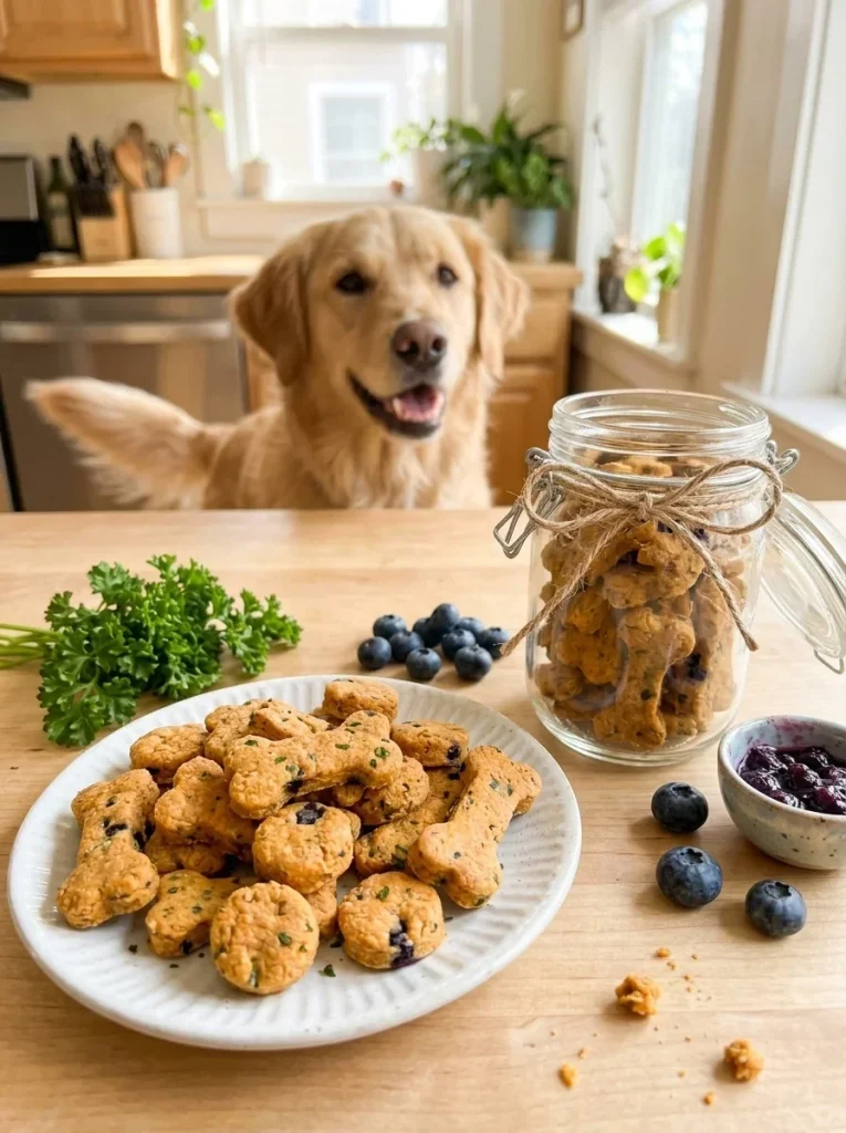Parsley and blueberry dog treats made with tuna and sweet potato