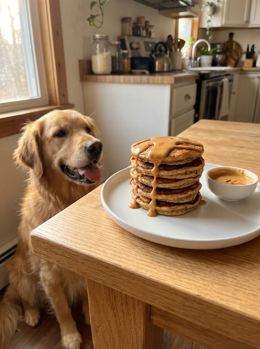 Peanut butter banana pancakes for dogs with a happy dog waiting