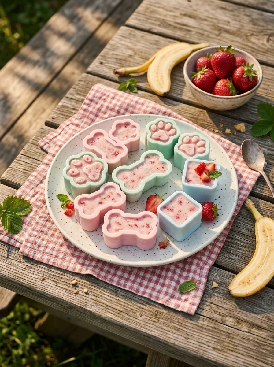 Pink ice cream cubes on a wooden board with gingham cloth