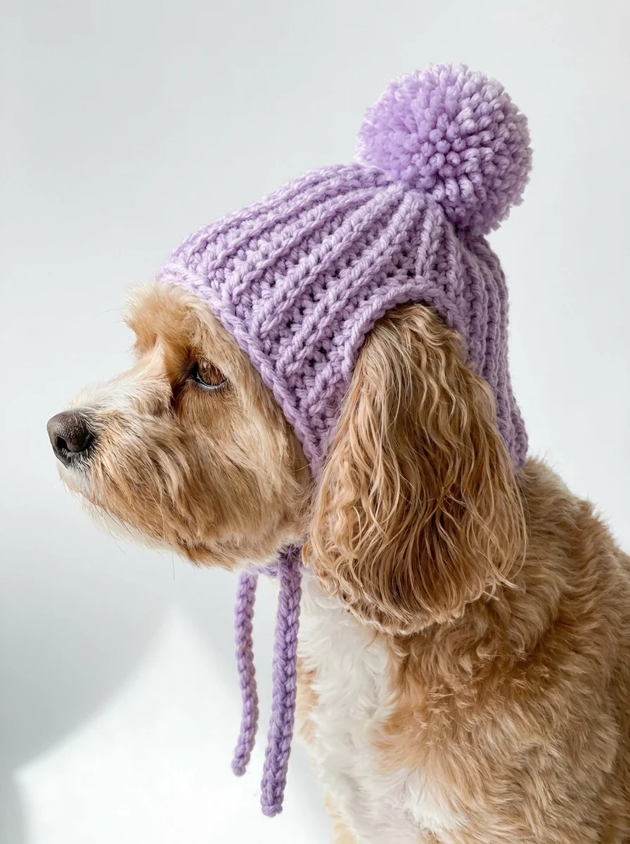 Profile of a dog in a lilac pom-pom hat in a studio
