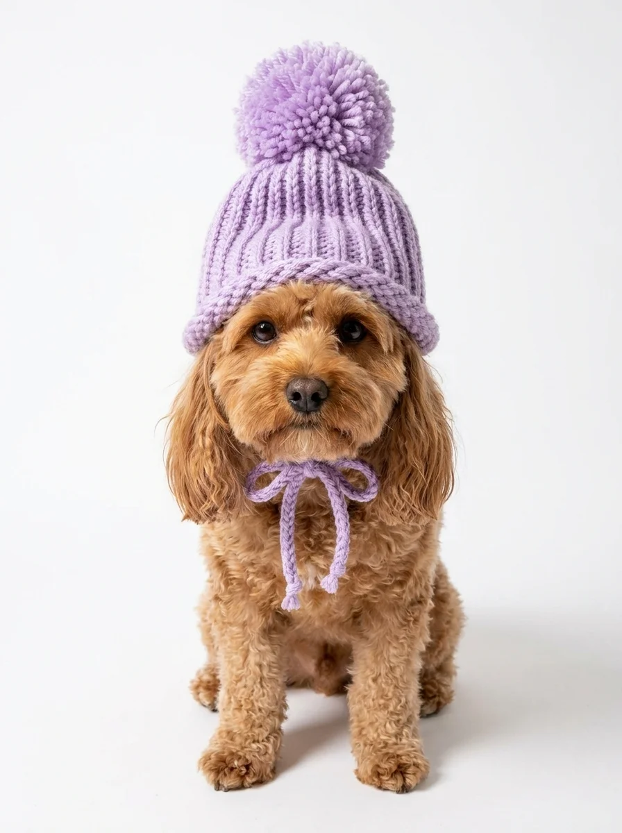 Dog wearing a lilac pom-pom hat on a white studio background
